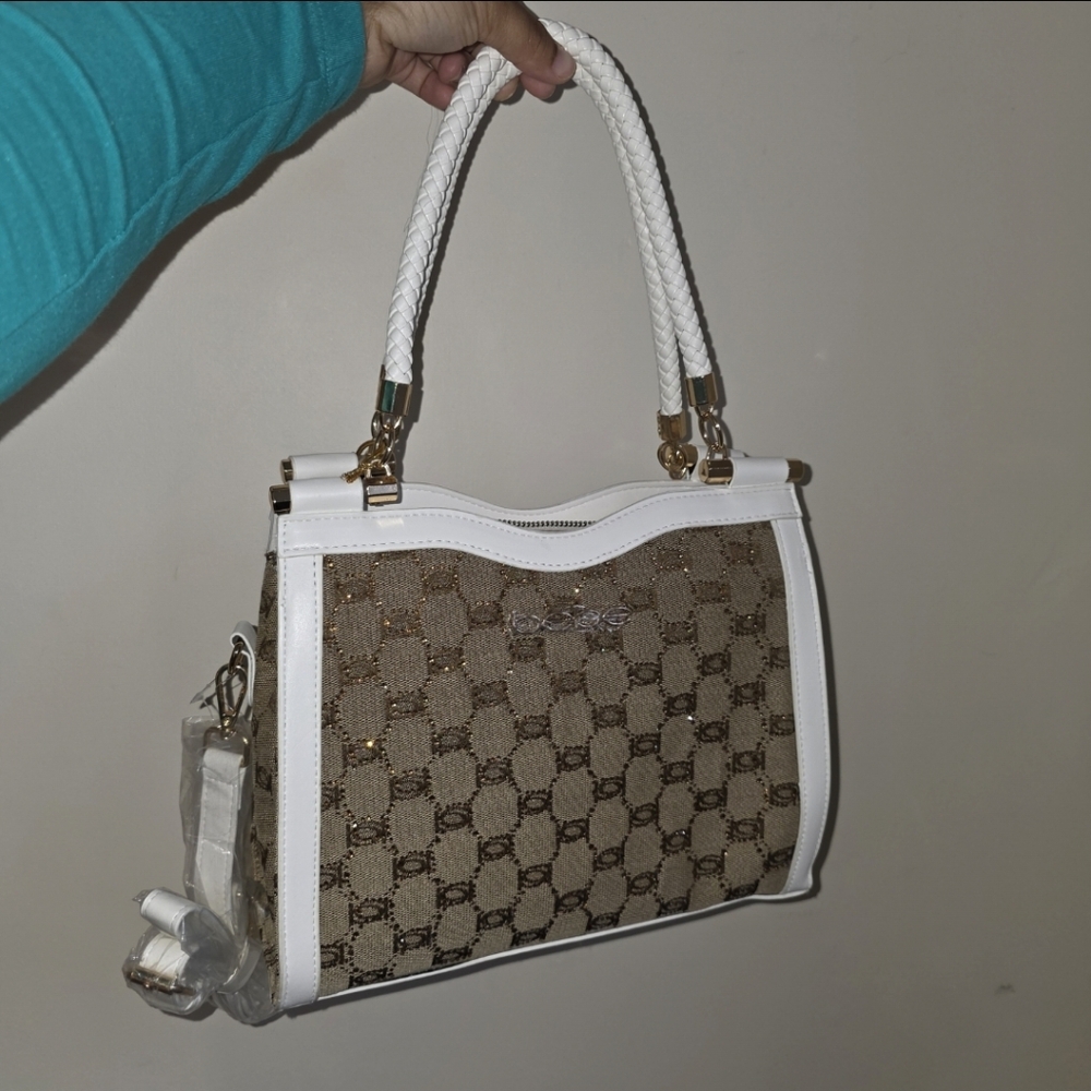 ☆BEBE AGATHE JACQUARD CRYSTAL SATCHEL White & Gold Bronze Tote Bag☆ - Picture 2 of 7
